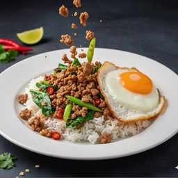 Stir Fried Kale With Minced Pork And Fried Egg