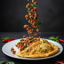 Rice Topped With Stir-Fried Pork And Basil + Omelet