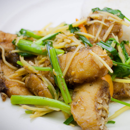 ข้าวราดผัดขึ้นฉ่ายเนื้อปลากะพง