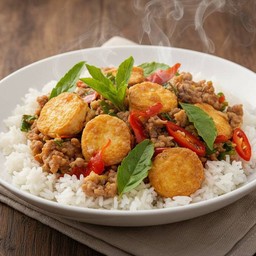 ข้าวราดผัดกะเพราเต้าหู้ไข่