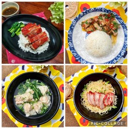 ชุดเศรษฐี  ข้าวหน้าเป็ด ข้าวกะเพราหมูกรอบ เกี๊ยงกุ้งล้วน บะหมี่หมูแดง( สำหรับ 4 ท่าน)