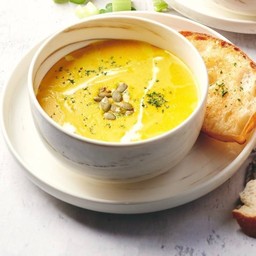 Roasted Pumkin Soup with Bacon and Feta Cheese