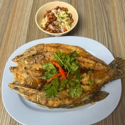 ปลากระพงผีเสื้อราดน้ำปลา / ยำมะม่วง