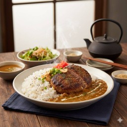 ข้าวแกงกะหรี่ สเต็กเนื้อบด