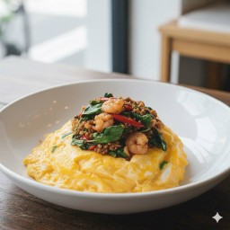 ข้าวหน้าไข่กุ้งสับผัดกะเพรา