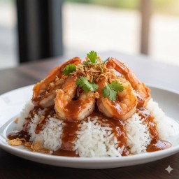 ข้าวกุ้งขาวใหญ่ราดซอสมะขาม