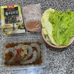 ชุด กุ้งดองซิอิ้ว+ข้าว+สาหร่าย+น้ำจิ้ม+ผัก