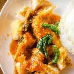 ข้าวไก่กรอบ ซอสกะเพรา