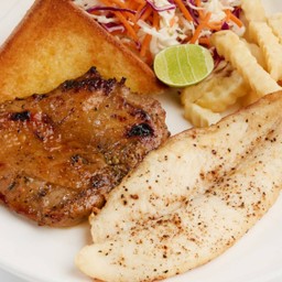 สเต๊กสะโพกไก่ทีเด็ด + สเต๊กปลาดอรีย่าง