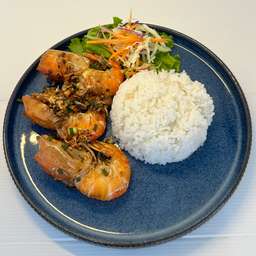 ข้าวกุ้งแม่น้ำทอดพริกเกลือ