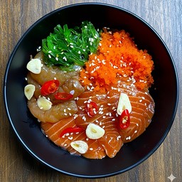 ข้าวหน้าแซลมอนดอง กุ้งดอง ยำสาหร่าย ไข่กุ้ง