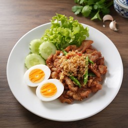 ข้าวหมูชิ้นทอดพริกกระเทียม + ไข่