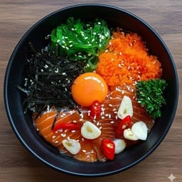 ข้าวหน้าแซลมอนดอง ยำสาหร่าย สาหร่ายฝอย ไข่ดอง ไข่กุ้ง