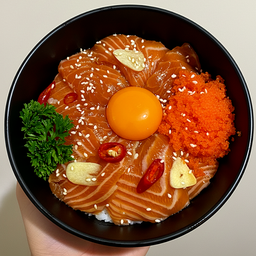 ข้าวหน้า แซลมอนดอง ไข่ดอง ไข่กุ้ง