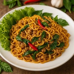 (เมนูฮิต) มาม่าผัดหมูสับใบโหระพา