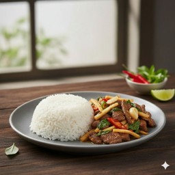ข้าวกระเพราหน่อไม้เนื้อ