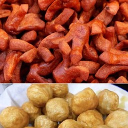 ลูกชิ้นหมูทอด+ไส้กรอกแดงทอด