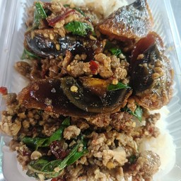 กะเพราหมูสับ ไข่เยี่ยวม้าราดข้าว