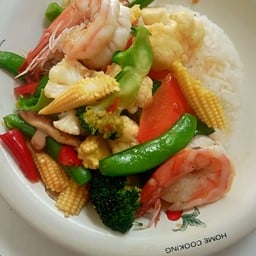 กะเพราผักกุ้งสดราดข้าว