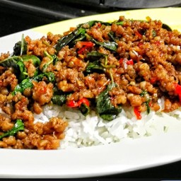 กระเพราหมูสับราดข้าว