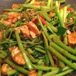 อกไก่ผัดพริกแกงใส่ผักบุ้งจีน(เป็นกับข้าว