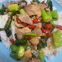 ผัดคะน้าหมูชิ้น ราดข้าว