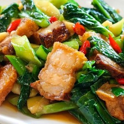 ข้าวราดผัดคะน้าหมูกรอบ