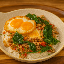 ข้าวกะเพราหมูสับไข่ระเบิด Eggs Bomb with Pork Kaprow