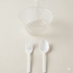 ชามพลาสติก+ช้อนส้อมหุ้มถุงพลาสติก 1 ชุด