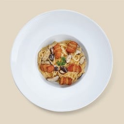 สปาเกตตีคาโบนาราเห็ดทรัฟเฟิลหมูกรอบแพลนต์เบส