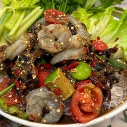 ตำขนมจีนเส้นสดกุ้งสด (สุก)