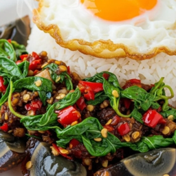 KH08.62 ผัดกะเพราไข่เยี่ยวม้า 1ฟอง +ไข่ดาว 1 ฟอง ราดข้าว