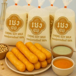 [เซตสุดฮิต] น้ำเต้าหู้เปล่าร้อน 5 ถุง + ชุดปาท่องโก๋4ชิ้น+สังขยาใบเตย1 และสังขยาชาไทย1