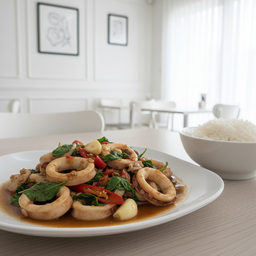 กะเพราปลาหมึกเป็นกับ