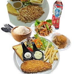 สเต็กไก่ลัคกี้ + สเต็กปลาทอด + มันบด + ส้มตำ + ข้าวสวย + เครื่องดื่มจับใจ