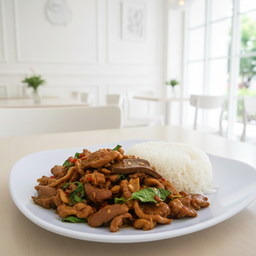 กะเพราเป็ดรวมเครื่องในราดข้าว