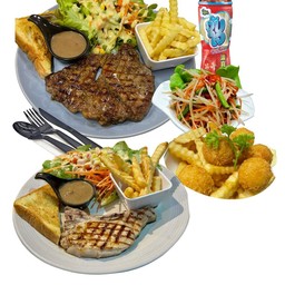 สเต็กหมูลัคกี้ + สเต็กหมูพอร์คช็อป + ชีสบอล + ส้มตำ + เครื่องดื่มจับใจ