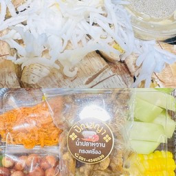 [เซตสุดฮิต] ยำมะม่วง ข้าวโพด ปลากรอบ + กล้วยปิ้ง มะพร้าวอ่อน  น้ำกะทิสูตรคาราเมลหอมอร่อย