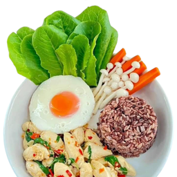 ข้าวไรซ์เบอรี่ผัดกะเพราอกไก่นุ่ม+ไข่ดาวไร้มัน