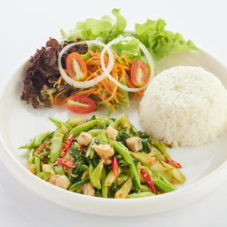 L ข้าวราด ผัดคะน้าปลาอินทรีย์เค็ม