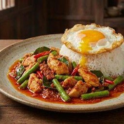 ผัดพริกแกงไก่ใส่ถั่วฝักยาว (ราดข้าว)