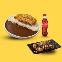 Curry Set 2 ข้าวหน้าแกงกะหรี่หมูสันนอกทอด+ทาโกะยากิ+Coke