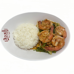 เกาเหลาสุกี้แห้งกุ้งสดราดข้าว