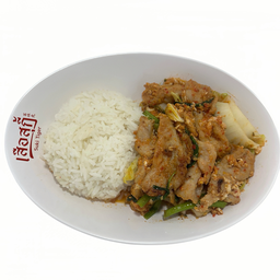 เกาเหลาสุกี้แห้งหมูราดข้าว