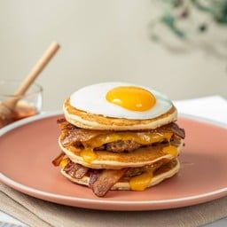 Bacon & Beef Patty Pancake with Cheese and Fried Egg