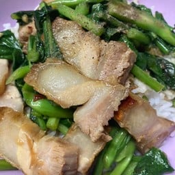 หมูกรอบผัดคะน้าน้ำมันหอยราดข้าว