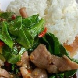 KH02.65 ผัดน้ำมันหอย คะน้า 50 กรัม หมูชิ้น 50 กรัม ราดช้าว