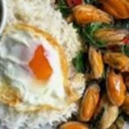 KH08.04 ผัดกะเพรา หอยแมลงภู่ 50 กรัม ราดข้าว +ไข่ดาว 1 ฟอง