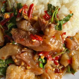 KH08.51 ผัดกะเพราเอ็นไก่ 50 กรัม ราดข้าว