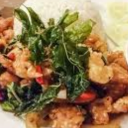 KH08.52 ผัดกะเพราเอ็นไก่ทอดแล้ว 50 กรัม ราดข้าว